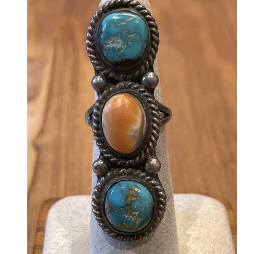 Native American Turquoise Spiny Oyster Sterling Silver Ring Sz 7 - Picture 3 of 12